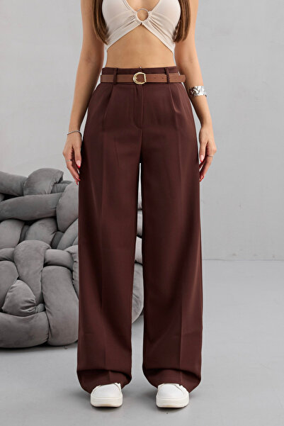 BİKELİFE Women's High Waist Belt Detailed Elastic Waist Loose Palazzo Fabric Trousers