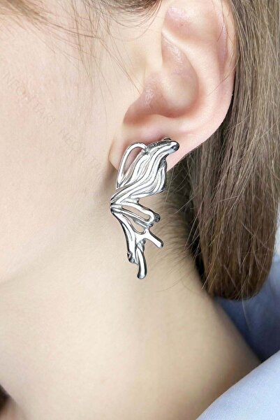 Neon Takı by Atalay Sensitivity Tag and Stainless Steel Earring in the Form of a Butterfly 646, Silver Color