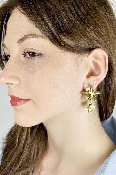 Neon Takı by Atalay Stainless steel earrings with pearl, starfish, 638, gold color