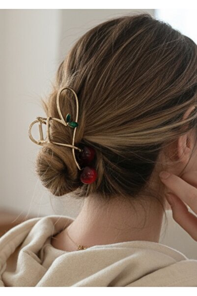 bonbela Kiraz Model Mandal Toka - Zümrüt Taşlı - Metal Kirazlı Mandallı Kadın Saç Topuz Tokası