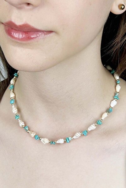 Neon Takı by Atalay Sensitivity Tag and Seashell Necklace 426, Turquoise - White