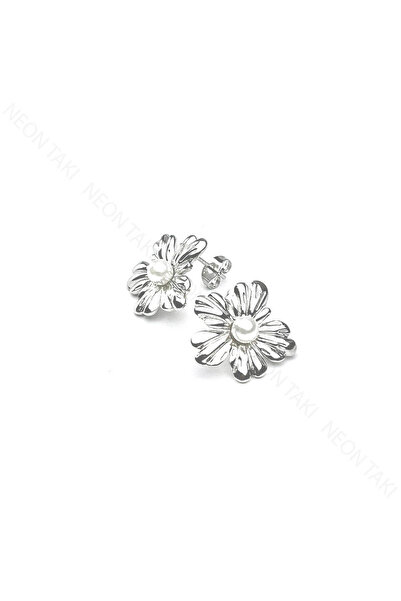 NE10 TAKI Pearl, Stainless Steel Earrings in Flower Form 654, Silver Color