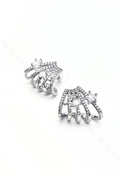 NE10 TAKI Zircon Stone, Star, Needle Silver Tip Earrings 649, Silver Color