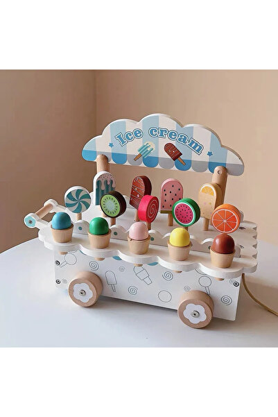 Toyska Jucarie de tras din lemn Masinuta de Inghetata, Ice Cream Truck, multicolor