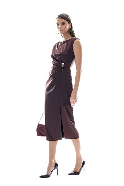 EXPLOSION Saten Gold Aksesuarlı Yırtmaçlı Midi Elbise