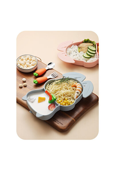 Toyska Silicone baby diversification set, Rabbit-shaped compartmentalized plate, navy blue