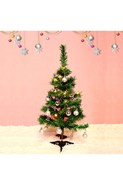 Toyska Brad Artificial Impodobit, 60 cm, instalatie luminoasa 20 LED alb cald + 20 globuri argintii incluse