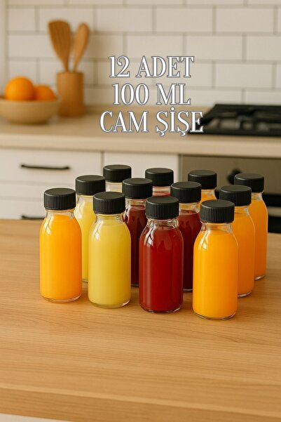 Rotanev 12 Adet 100 ml Kilitli Siyah Kapaklı Şeffaf Detox Shot Şişesi 100 Cc Ginger Şat Beyaz Cam Şişe