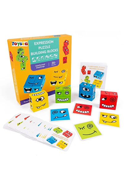 Toyska Joc puzzle Montessori emotii si expresii faciale cuburi din lemn, mult...