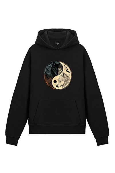 Edizen Hanorac unisex oversize Kurt Yin Yang, 100% bumbac, negru, cu glugă
