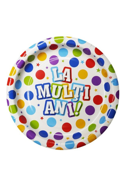 Toyska Set 10 Farfurii Unica Folosinta, Imprimeu La Multi Ani, din Carton, Diametru 17 cm