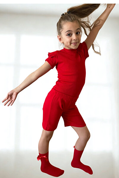 özge başaran Red Shorts & T-Shirt, Bow Red Socks Corded Fabric Girl's and Baby's 3-Piece Clothing Set