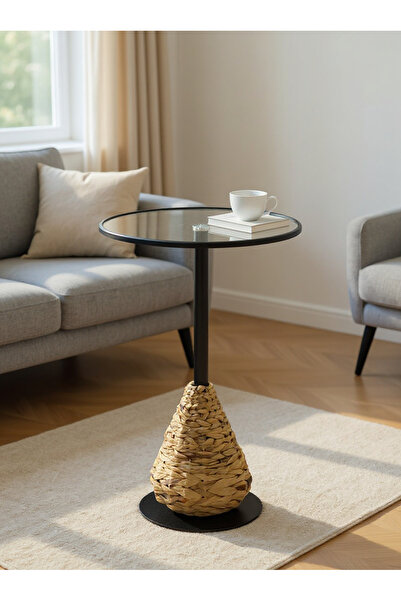 Living طاولة جانبية دائرية زجاجية بقاعدة من الخيزران المنسوج وإطار معدني - تصميم عصري أنيق