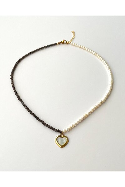 eyla collection Perlamour - Obsidyen & Gerçek İnci Çelik Kalp Uçlu Kolye