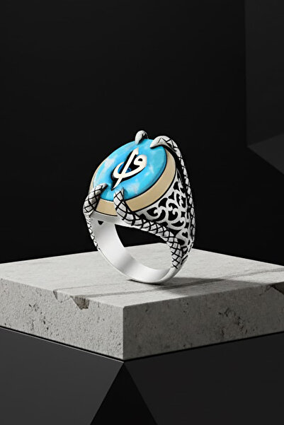 Takıdepo Pençe Model Firüze Taşı Üzerine Vav Elif Gümüş Yüzük