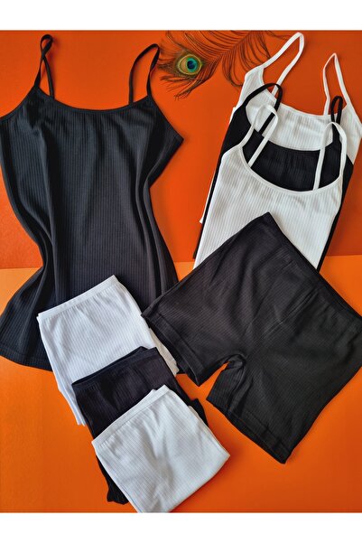 Demirsa Boutique Cotton Ribbed Black and White Women's Rope Strap 4-Piece Tank Top and Panty-Shorts Set
