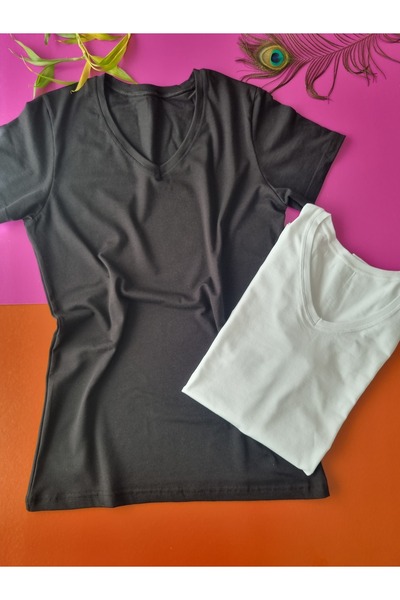 Demirsa Boutique Half Sleeve V-Neck 2-Piece Black and White Color Modal Women...