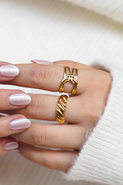 TREND COLLECTİON طقم خواتم نسائية من الفولاذ بلون ذهبي (قطعتان)