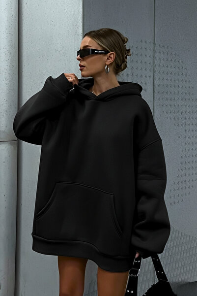 GUARAZ Siyah Unısex Yumuşacık Kumaşlı Oversize Fit Ici Polarlı Basic Kapüşonlu Sweatshirt Hoodie