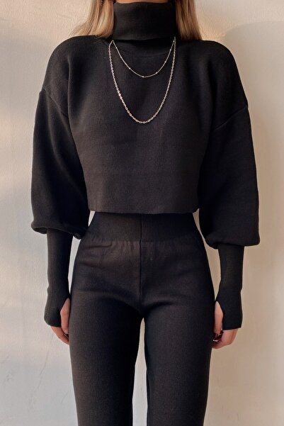 bayansepeti Handmade Black Knitwear Crop Blouse and High Waist Black Knitwear Trousers Double Set 015