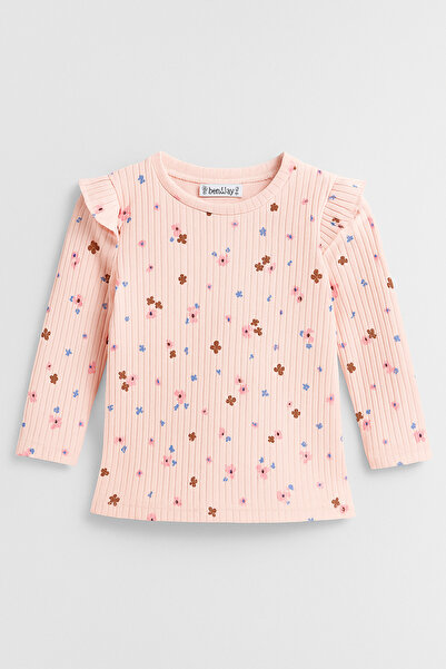 mini kanka 3-7 Yaş Kız Çocuk Çiçek Desenli Fırfırlı Uzun Kollu Bluz