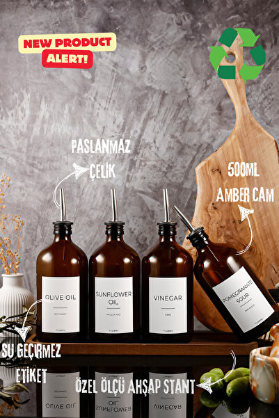 TheBRo مجموعة من 4 زجاجات سعة 500 مل من سلسلة كهرمان وايت مع حامل خشبي، تشمل ...