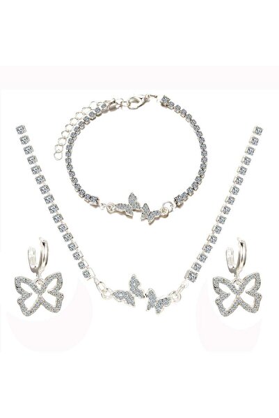 huitich طقم مجوهرات فراشة كريستالية فضية اللون، قلادة، سوار وأقراط