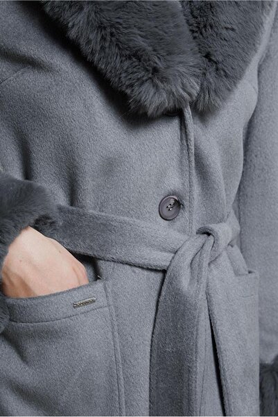 Alvina Fur Detailed Belted Coat 90501