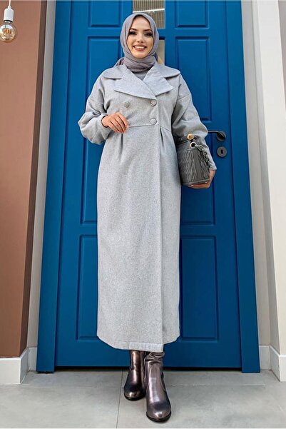 TRENDTESETTÜR Γυναικείο παλτό με μανικετόκουμπα σε γκρι μπαλόνι 5077