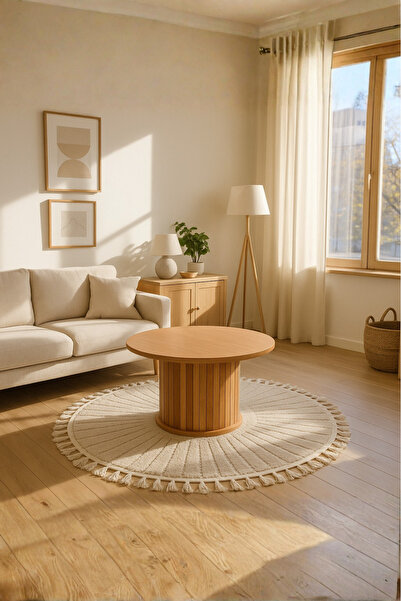 weltwood Bohem Yuvarlak Orta Sehpa Ahşap Ayaklı, Kayın Çıtalı, Modern, Salon Sehpası, Kolay Kurulum