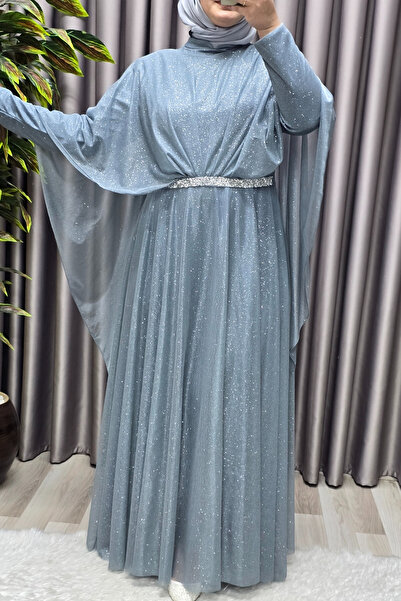 Elmas Tesettür Γυναικεία Μουσουλμανική Ρόμπα Μεγάλου Μεγέθους Βραδινό Φόρεμα με Ασημένια Ακρωτήρια