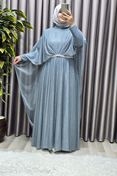 Elmas Tesettür Γυναικεία Μουσουλμανική Ρόμπα Μεγάλου Μεγέθους Βραδινό Φόρεμα με Ασημένια Ακρωτήρια