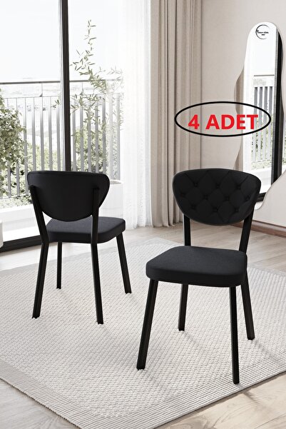 BY ORHAN GÜZEL Elma Sandalye 4 Lü Siyah Kapitoneli Mutfak Sandalyesi
