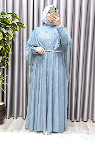 Elmas Tesettür Γυναικεία Μουσουλμανική Ρόμπα Μεγάλου Μεγέθους Βραδινό Φόρεμα με Ασημένια Ακρωτήρια