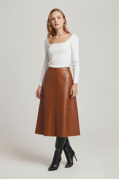 Deriderim Cognac Women's Unlined Front Snap Closure Flared Long Genuine Leather Skirt