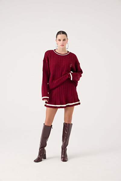 HOLLY LOLLY Elastic Waist Knitted Patterned Mini Knitwear Harold Skirt Claret Red