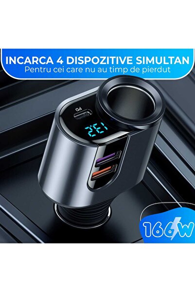 Timebox adaptor priză, multiplicator încărcător auto 4 în 1, 166W, 1 x priză auto, 2 x USB, 1 x USB-C, afișaj, B