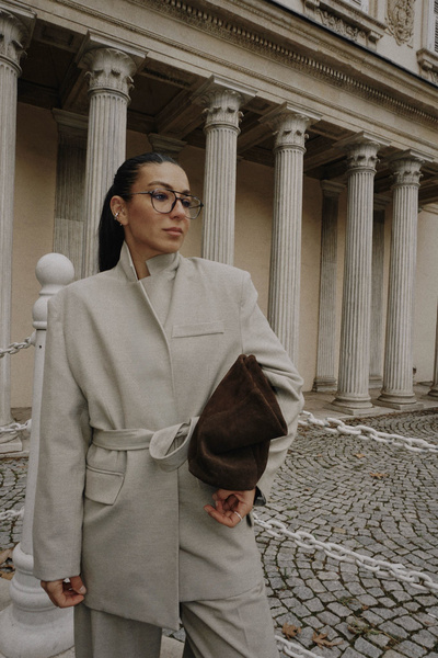 Quzu Kuşaklı Tek Düğmeli Oversize Blazer Ceket Vizon