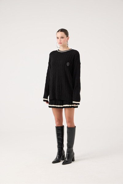 HOLLY LOLLY Logo Knitted Patterned Oversize Knitwear Harold Sweater Black