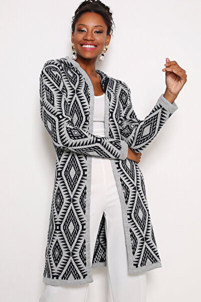AVORWE Geometric Patterned Hooded Sweater Cardigan