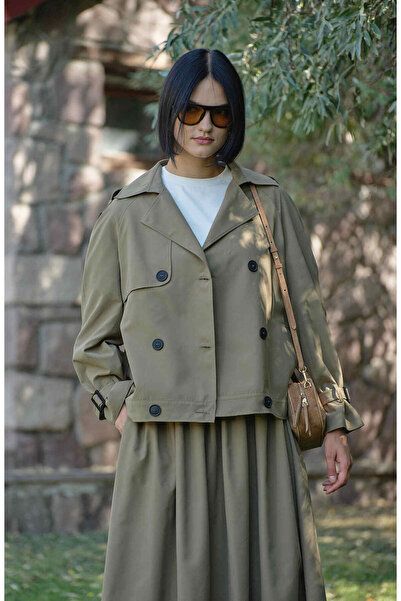 Fatma Atasoy Kol Apoletli Haki Midi Trenç Ceket
