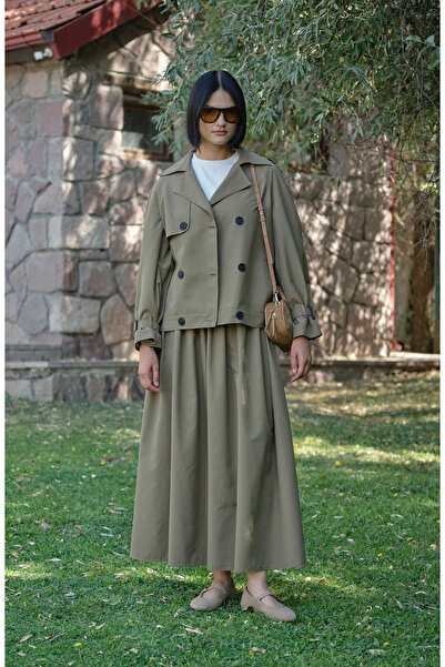 Fatma Atasoy Kol Apoletli Haki Midi Trenç Ceket