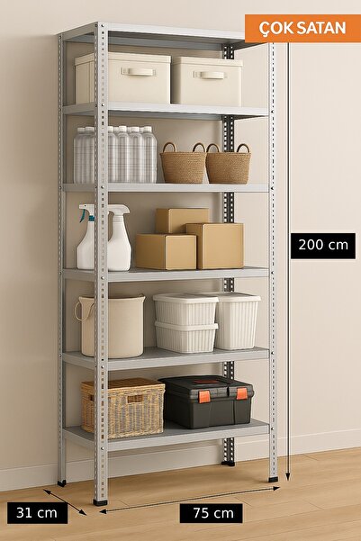 RafBurada 6 Katlı Galvaniz Çelik Raf - Depo, Arşiv, Kiler, Dosya, Market Rafı 31x75 Cm-200 Cm-0.70 Mm