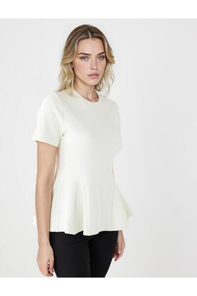 Jimmy Key Ekru Bisiklet Yaka Kısa Kollu Volanlı Örme Bluz