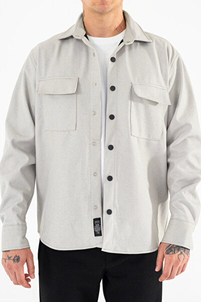 Souris Jachetă sport pentru bărbați, gri deschis, cu model confortabil, cu clapă, buzunare duble și închidere cu apăsare