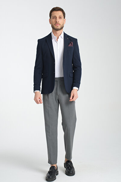 Frappoli Baselnaa Erkek Koyu Lacivert Battal Büyük Beden Dar Kesim Astarlı Düğmeli Basic Blazer Ceket