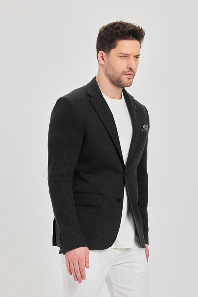 Frappoli Fedeli Erkek Siyah Pamuk Karışımlı Esneyen Kumaşlı Slim Fit Spor Blazer Ceket