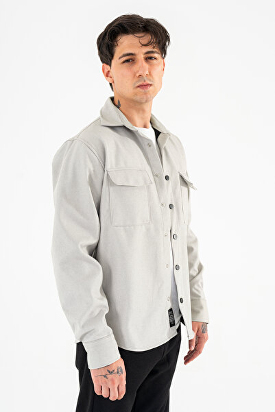 Souris Jachetă sport pentru bărbați, gri deschis, cu model confortabil, cu clapă, buzunare duble și închidere cu apăsare