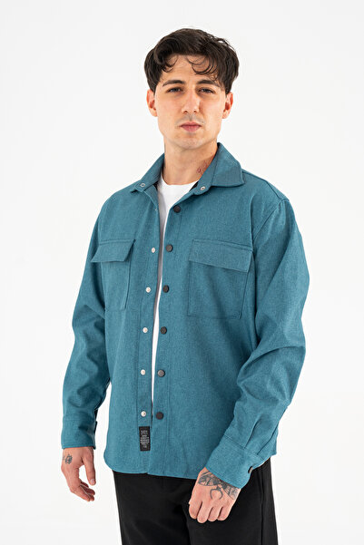 Souris Ανδρικό αθλητικό μπουφάν σε μπλε βενζίνης, άνετο στυλ, με καπάκι, διπλές τσέπες και κουμπώματα