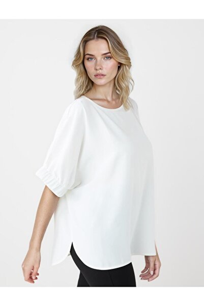 Jimmy Key Ekru Rahat Kesim Yuvarlak Yaka Dirsek Kol Dokuma Bluz